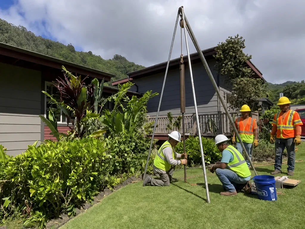 Structural Systems Hawaii crew conducting soil boring test for geotechnical investigation and reporting