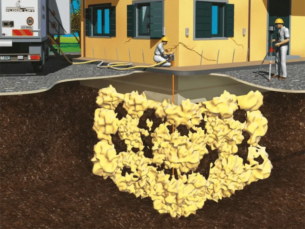 Diagram illustrating Structural Systems Hawaii void filling and soil stabilization injection process beneath foundation